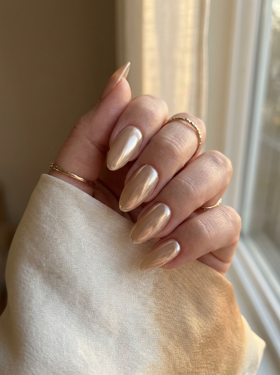 Champagne Chrome Nails mit warmem schimmerndem Chrome-Finish